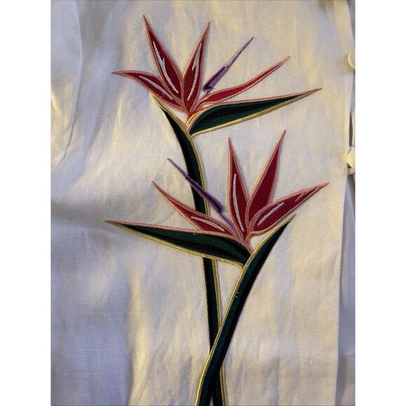 Vintage Bob Mackie Size XL 3/4 Linen Blend White Bird of Paradise Tunic Pockets - Picture 5 of 8